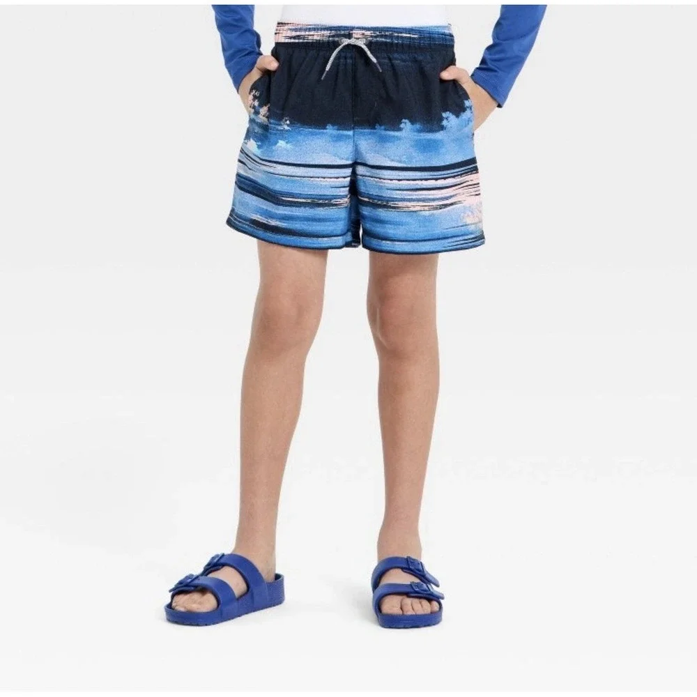 Art Class Boy's Swim Trunks with Built in Boxers ~ Blue/Black Sz M NWT